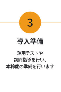 3.導入準備　運用テストや訪問指導を行い本稼働の準備を行います。